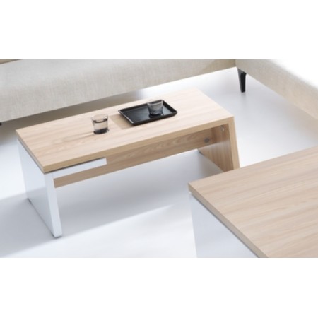 Table basse design en bois clair et blanc dans salon 