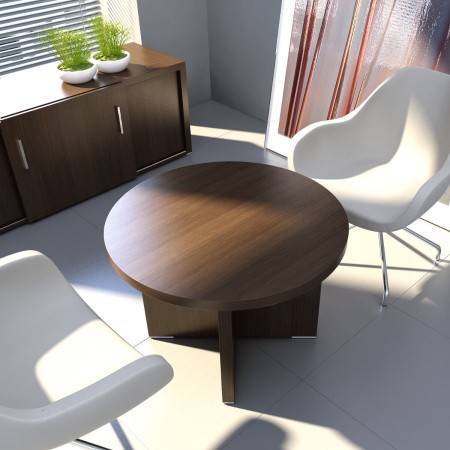 Table basse de réuion en bois foncé avec sièges blancs