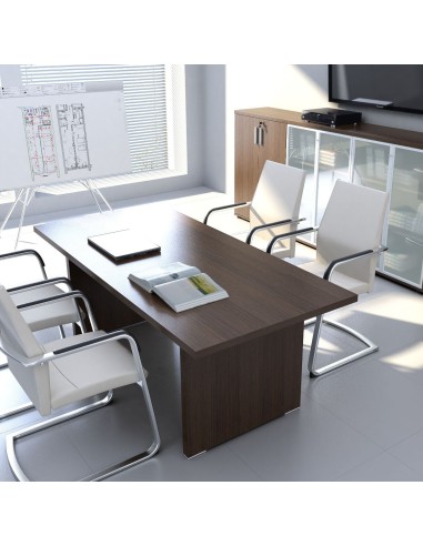 Table de réunion en bois foncé avec 4 chaises de travail blanches