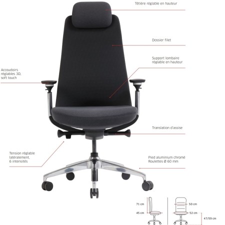Chaise de bureau professionelle avec haut dossier et têtière - Khan - Sitek - 7400 2