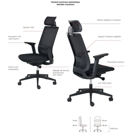 Quelles sont les réglages d'une chaise de travail avec têtière et dossier filet - Carlo - Sitek - 7810