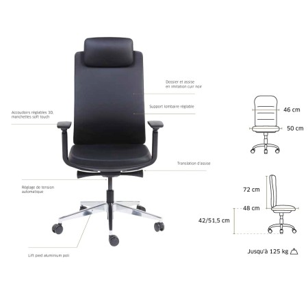 Détails - Chaise de direction pas cher en imitation cuir - Alexander