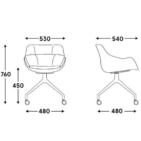 Dimensions Baltic soft duo - assise rembourrée pieds étoile sur roulettes