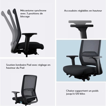 Fonctionnalités ergonomiques de la chaise : mécanisme synchrone, soutien lombaire réglable, accoudoirs ajustables, capacité de c