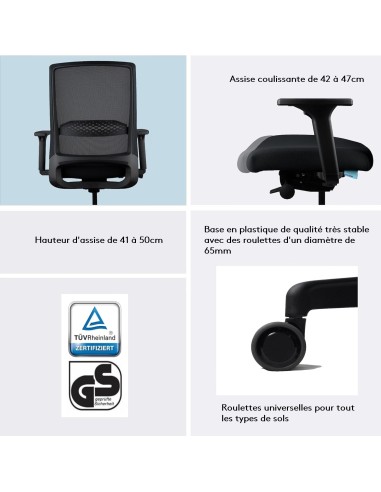 Détails de la chaise de bureau : assise réglable, hauteur d'assise, base en plastique avec roulettes, certification TÜV GS