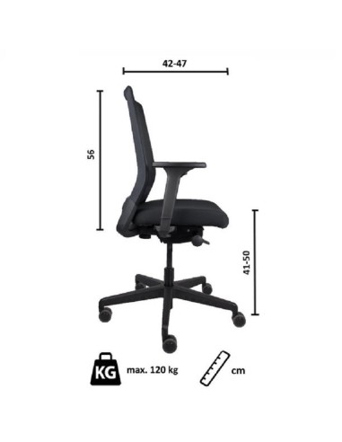  	Chaise de bureau noire avec dossier en résille, vue latérale avec dimensions indiquées en centimètres