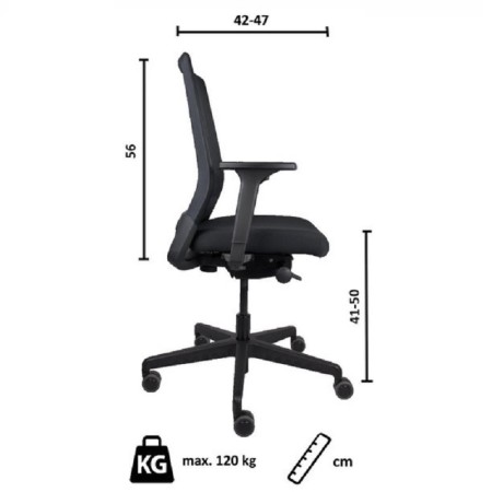 	Chaise de bureau noire avec dossier en résille, vue latérale avec dimensions indiquées en centimètres