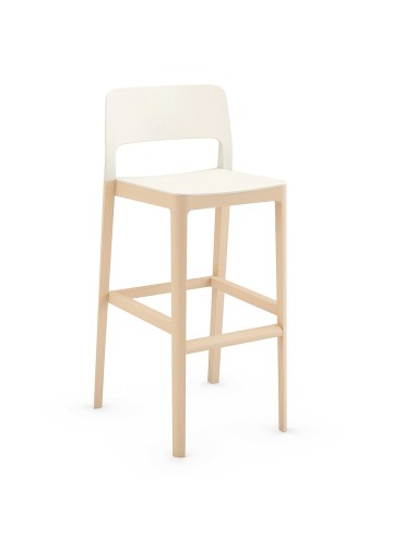 Tabouret de bar design Settesusette en bois clair et assise blanche