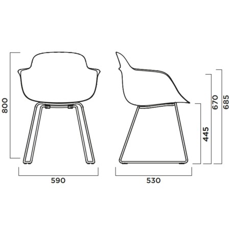 Dimensions détaillées de la chaise Sicla piètement traîneau