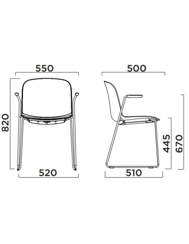 Dimensions chaise de réunion Relief  avec assise tissu et accoudoirs ouverts