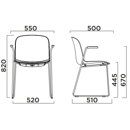 Dimensions chaise de réunion Relief  avec assise tissu et accoudoirs ouverts