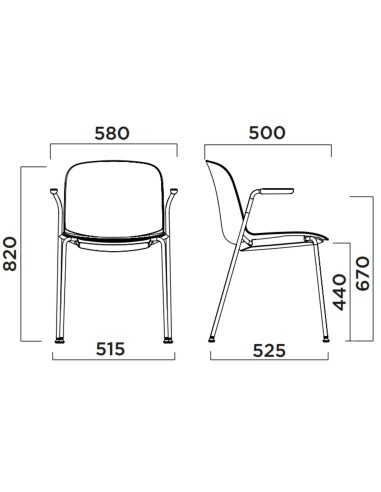 Dimensions chaise tapissée avec accoudoirs courts en métal pour accueil – Relief Tissu
