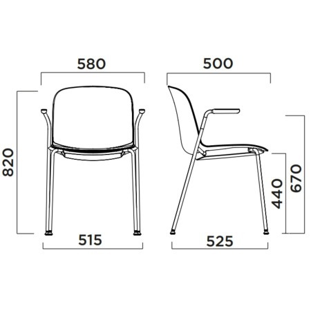 Dimensions chaise tapissée avec accoudoirs courts en métal pour accueil – Relief Tissu
