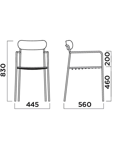 Dimensions chaise Uti en acier et bois avec accoudoirs 