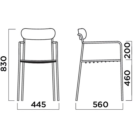 Dimensions chaise Uti en acier et bois avec accoudoirs 