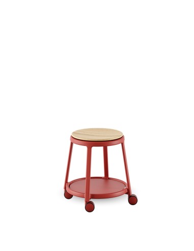 Siège bas en acier rouge et asisse en bois - tabouret ROUND&ROLL