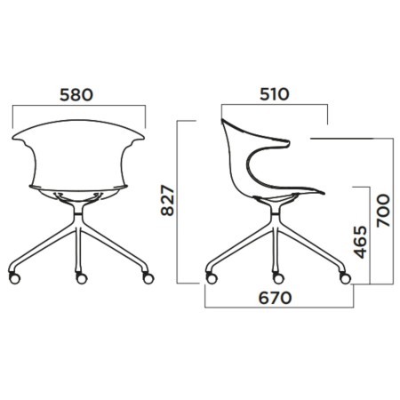 Dimension chaise Loop Mono Design à roulettes, piètement 4 branches