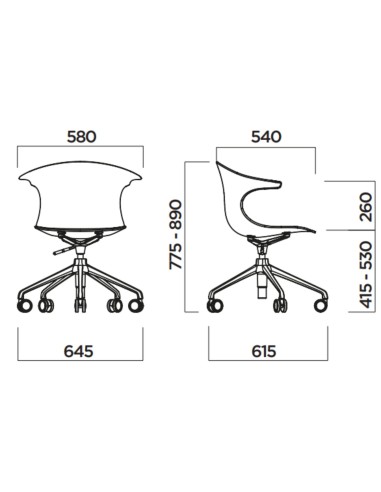 Dimensions chaise réunion tapissée à roulettes 5 branches – Loop Mono Design