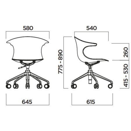 Dimensions chaise réunion tapissée à roulettes 5 branches – Loop Mono Design