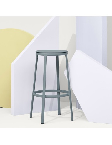 Tabouret design ROUND&ROUND bleu gris avec assise fixe, structure fine en plastique, style conte