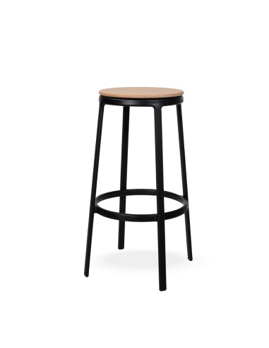Tabouret haut ROUND&ROUND avec assise fixe en bois naturel et structure noire avec repose-pieds