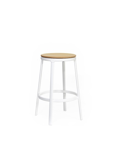 Tabouret haut ROUND&ROUND avec assise fixe en bois clair et structure blanche, style moderne