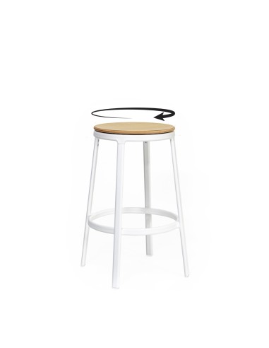 Tabouret ROUND&ROUND blanc avec assise pivotante en bois clair et repose-pieds circulaire