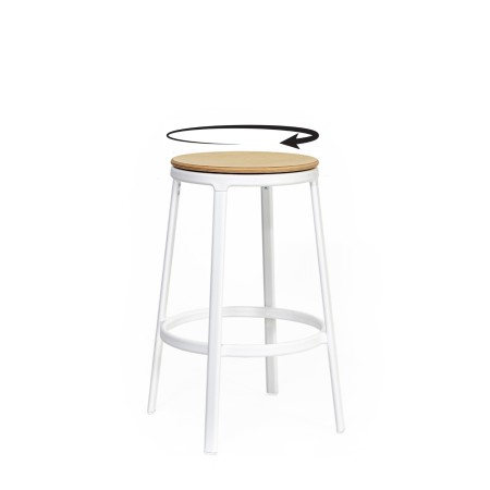 Tabouret ROUND&ROUND blanc avec assise pivotante en bois clair et repose-pieds circulaire