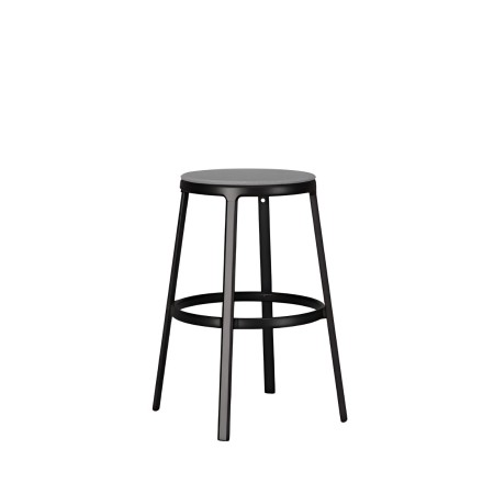 Tabouret haut ROUND&ROUND noir avec assise en tissu et repose-pieds circulaire
