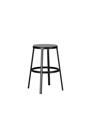 Tabouret haut ROUND&ROUND noir avec assise en tissu et repose-pieds circulaire