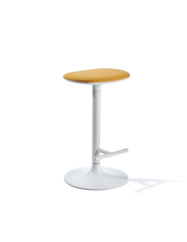 Tabouret haut Flink pour cuisine avec assise jaune et base blanche équipée d’un repose-pieds