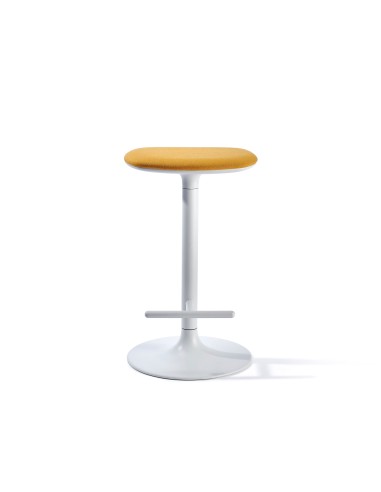 Tabouret de cuisine Flink avec assise jaune et piètement central blanc avec repose-pieds intégré