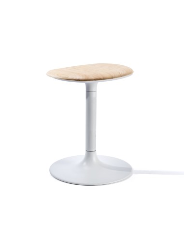 Tabouret design Flink bas avec assise en bois clair et piétement blanc, style minimaliste moderne