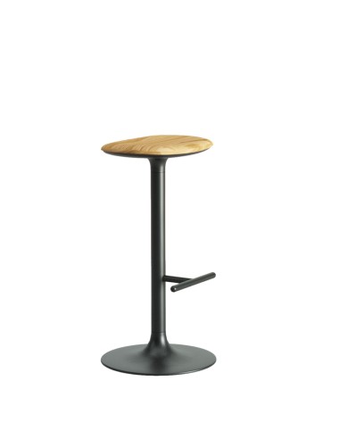 Tabouret haut Flink modèle bar en bois naturel avec structure acier noire, style moderne épuré