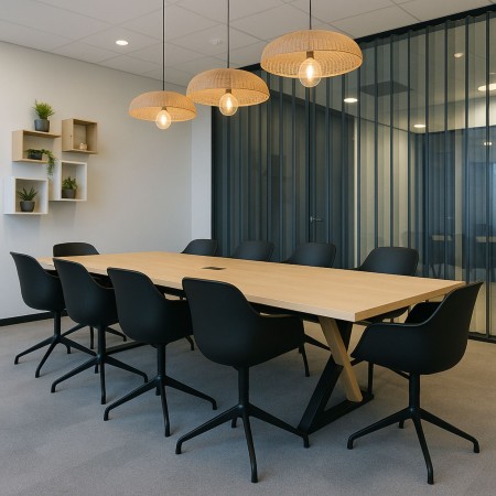 Chaises de réunion pivotantes Sicla noires avec assise tissu gris autour d'une table en bois clair dans une salle de réunion