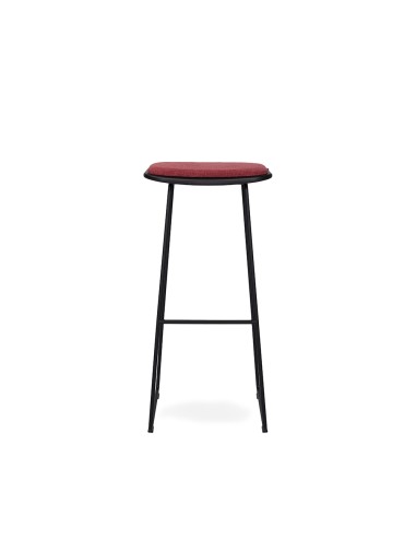 Tabouret de bar Klejn vu de face avec assise en tissu rouge et structure noire