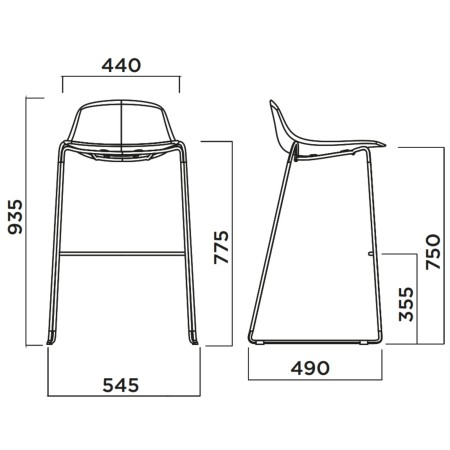 Dimensions du tabouret pieds de traineau en acier et plastique pure mini loop rod