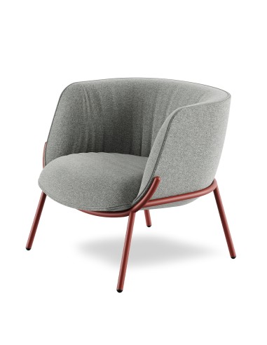 Fauteuil design Bombom 4 pieds en tissu gris clair avec cadre rouge texturé – style moderne
