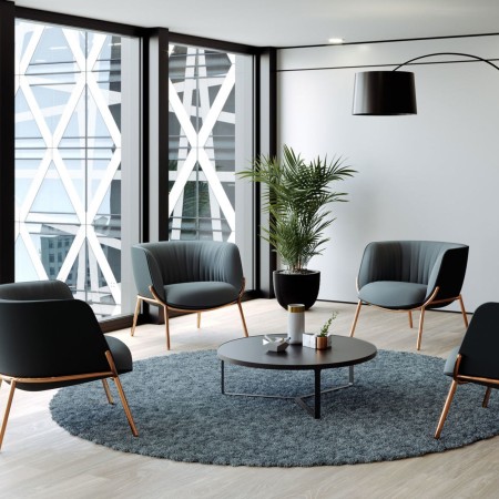 Fauteuils lounge Bombom 4 pieds en tissu bleu pétrole et structure cuivrée – salle d’attente haut de gamme