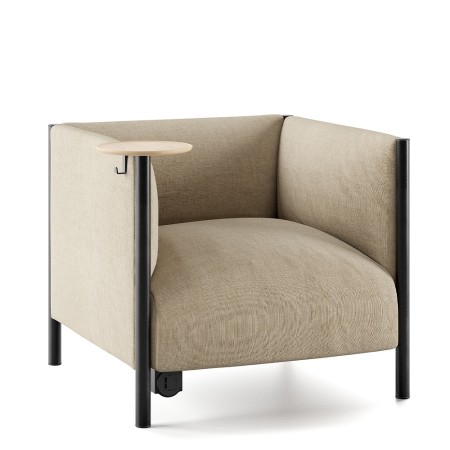 Fauteuil Waffle One beige avec tablette latérale en bois clair – accoudoirs hauts et assise confortable