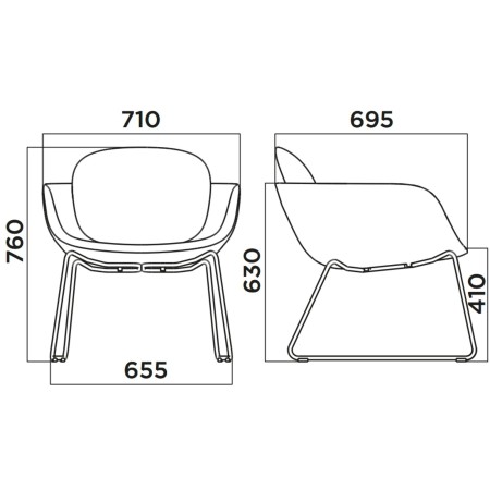 Dimensions du fauteuil PEB pieds traîneau dossier bas
