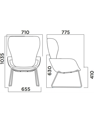 Dimensions techniques du fauteuil Peb Sled haut dossier avec structure traîneau en acier