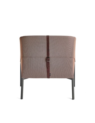 Dos du fauteuil confortable en tissu rose et cuir DEMOISELLE - structure en acier