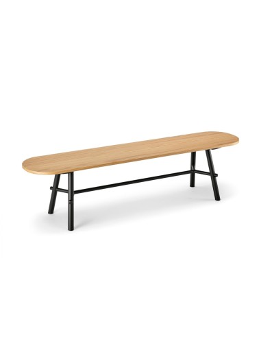 Banc design Record en bois naturel avec structure noire, vue studio sur fond blanc