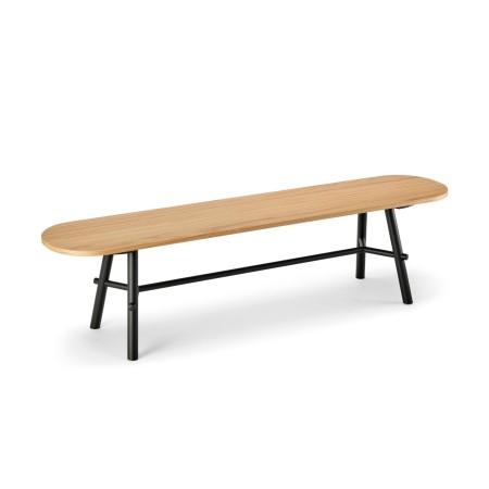 Banc design Record en bois naturel avec structure noire, vue studio sur fond blanc