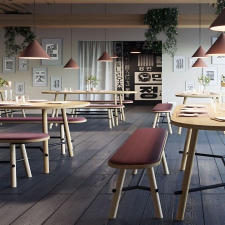 Banc design Record avec pieds en bois et assise rembourrée, finition chêne naturel ou noir, hauteur 450 mm 2