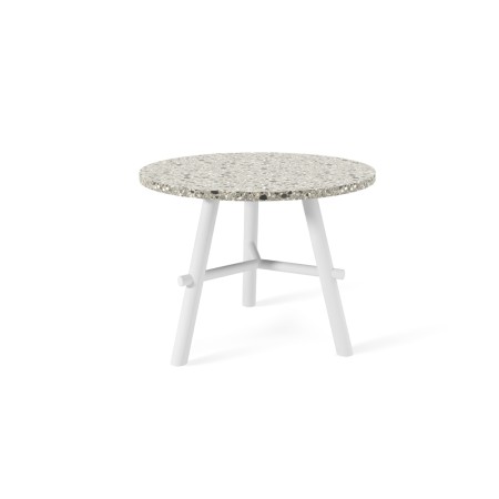 table basse design blanche avec plateau en fibre de verre recyclée – finition terrazzo – Record Contract H450