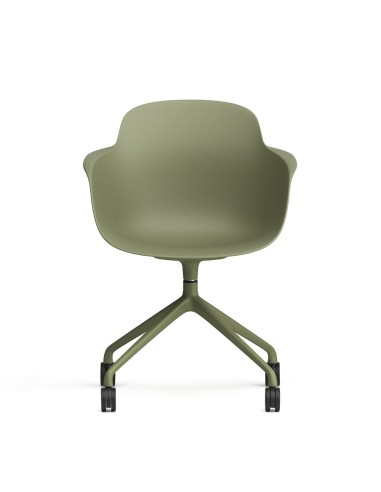 Chaise Sicla verte en plastique coque ergonomique et acier avec roulettes