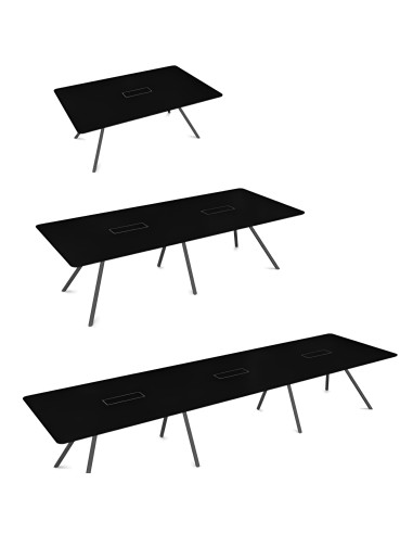Tables de réunion ARQUS noires en trois tailles avec pieds inclinés métalliques