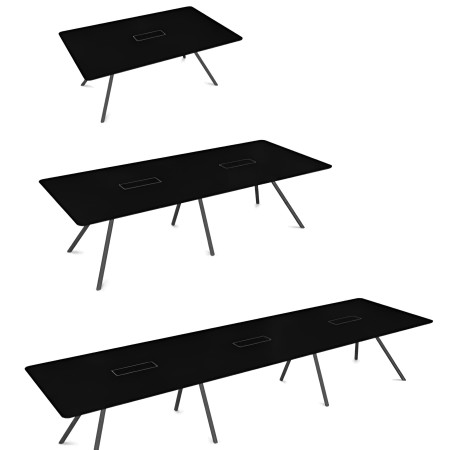 Tables de réunion ARQUS noires en trois tailles avec pieds inclinés métalliques